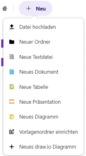 Das Dropdown-Menü für neue Ordner und Dateien