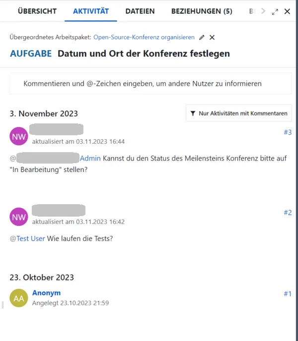 Kommentare in der Aktivitätenübersicht