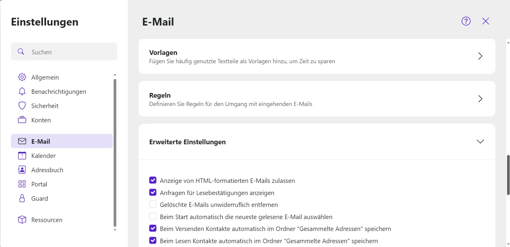 Der Reiter "Erweiterte Einstellungen" in den E-Mail-Einstellungen