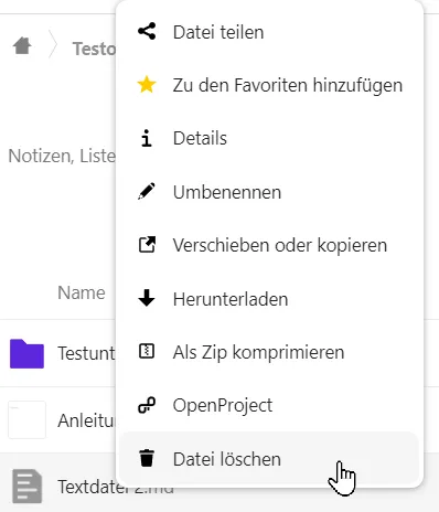 Die Option "Datei löschen" im Dropdown-Menü