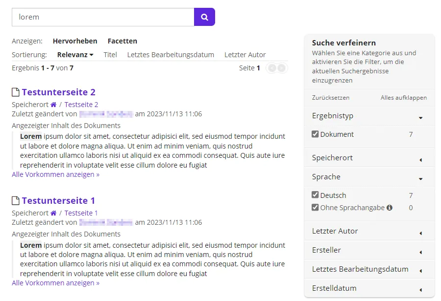 Detaillierte Suchergebnisse mit Werkzeugen zur Anzeige, Sortierung und Eingrenzung