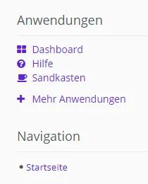 Die Seitenleiste mit den Überpunkten "Anwendungen" (einschließlich "Hilfe") und "Navigation"