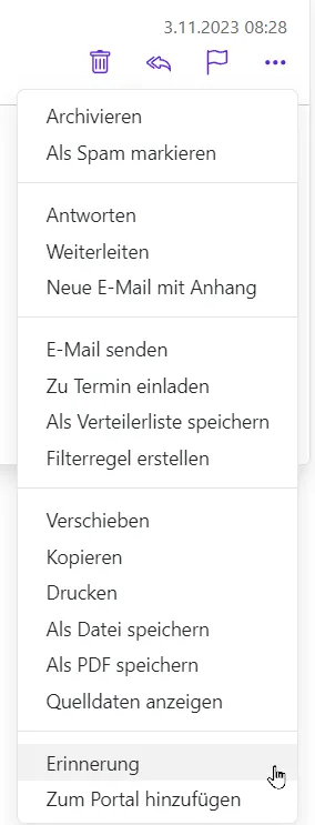 Der Punkt "Erinnerung" im Dropdown-Menü "Weitere Aktionen"