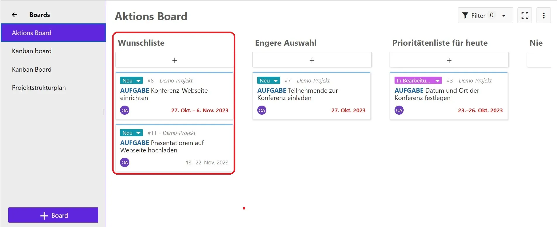 Spalten in einem Board ergänzen