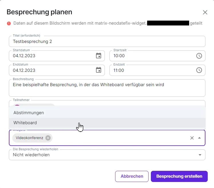 Beim planen einer Besprechung das Whiteboard-Widget auswählen
