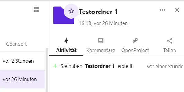 Spalte rechts neben der Dateiliste mit den Reitern Aktivität, Kommentare, Projekte und Teilen
