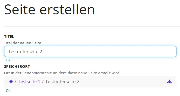 Testseite 1 ist im Dialog "Seite erstellen" als Speicherort für die neue Unterseite vorausgewählt