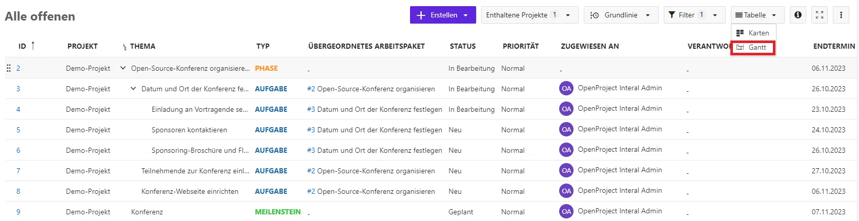 Gantt-Ansicht auswählen