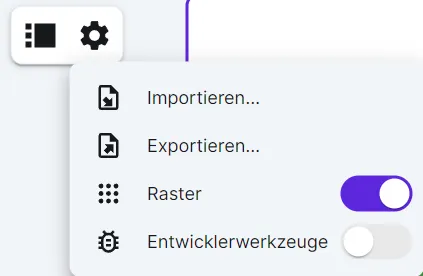 Die Punkte "Importieren" und "Exportieren" in den Whiteboard-Einstellungen