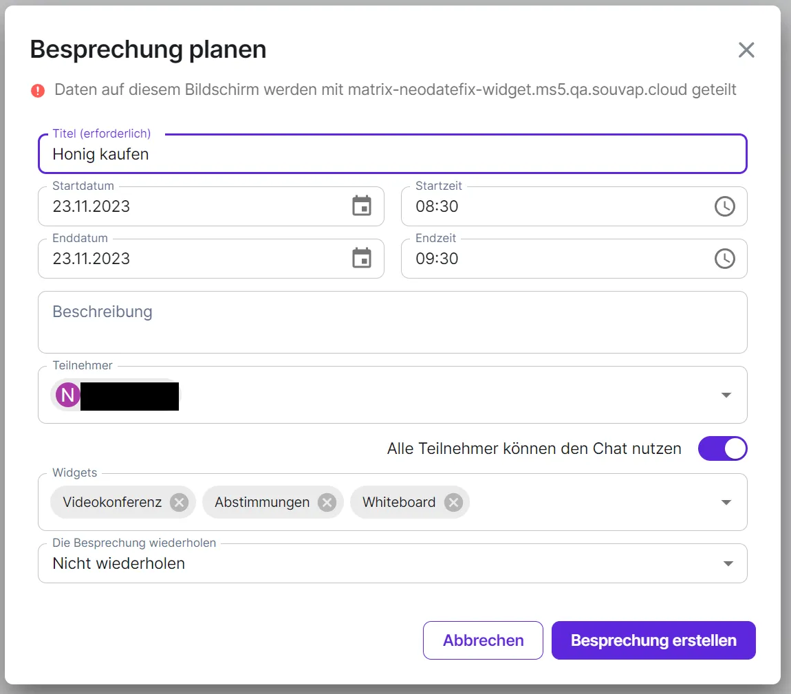 Eingabefenster Besprechung planen