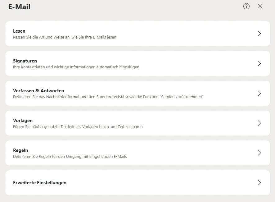 Eine Übersicht über alle Reiter der E-Mail-Unterseite in den Einstellungen