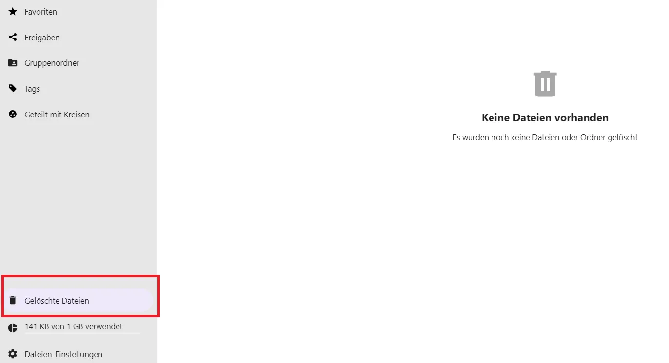 Der Ordner "Gelöschte Dateien" im linken Menü